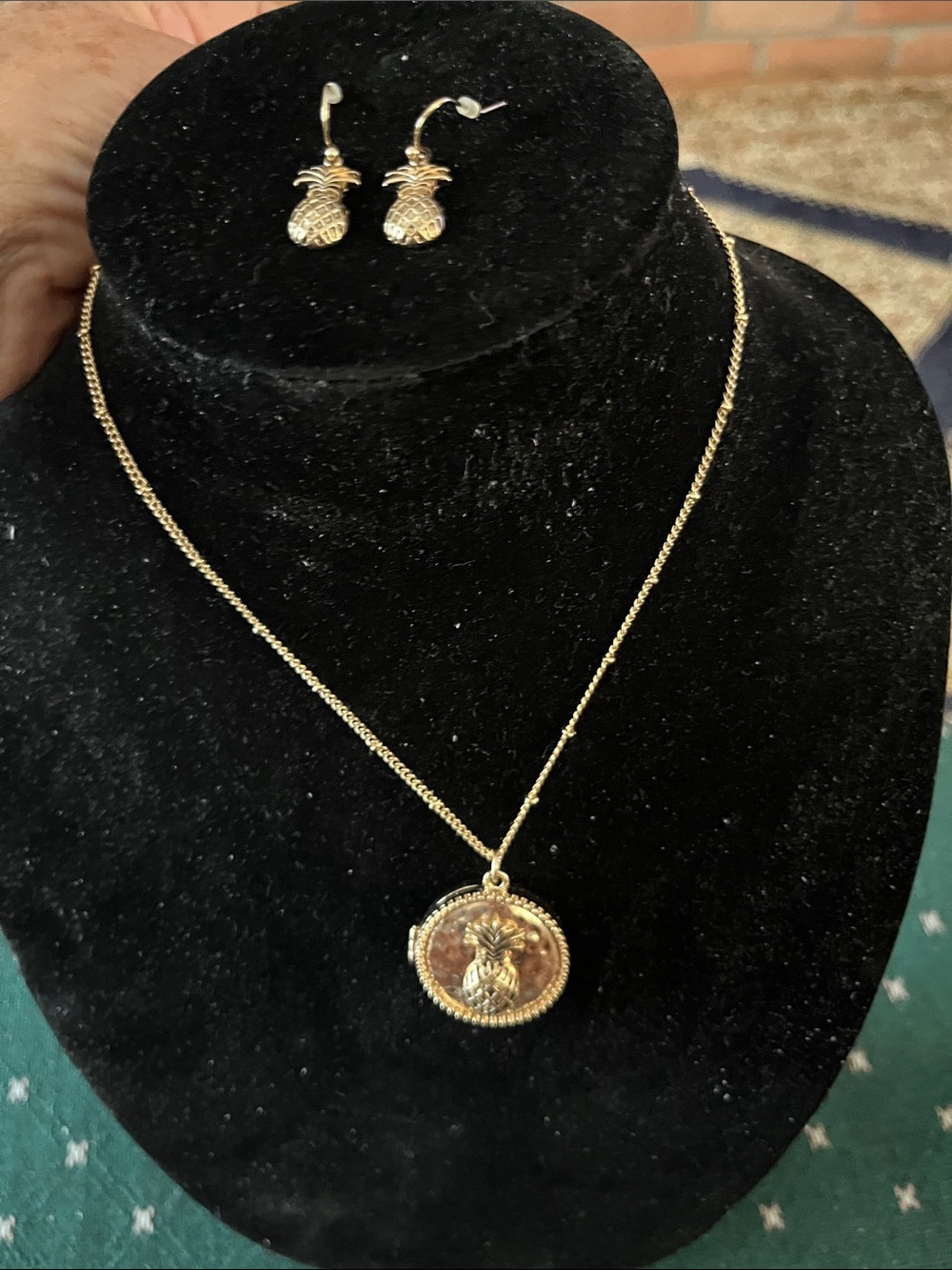 Gold Pineapple Pendant Locket Necklace and Earrings Set